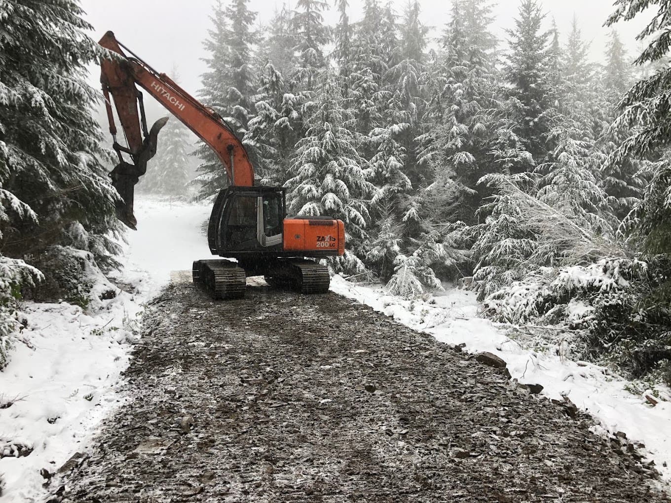 An excavator on a snow-covered forest road, surrounded by snow-laden firs